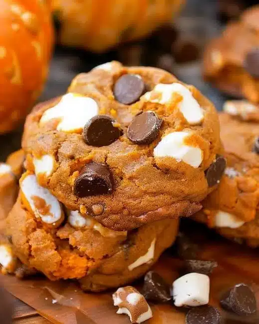 Delicious Pumpkin S'mores Cookies with chocolate and marshmallows