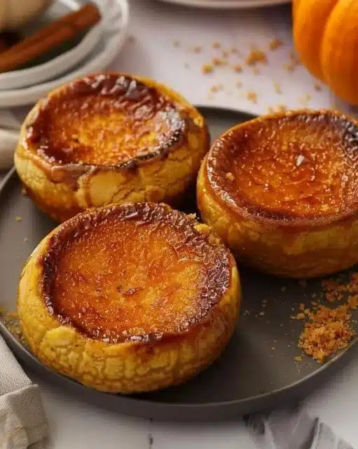Pumpkin Spice Crème Brûlée dessert with a caramelized sugar top