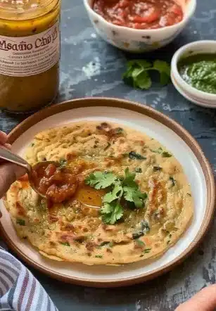 Delicious red lentil pancake served with fresh toppings and herbs