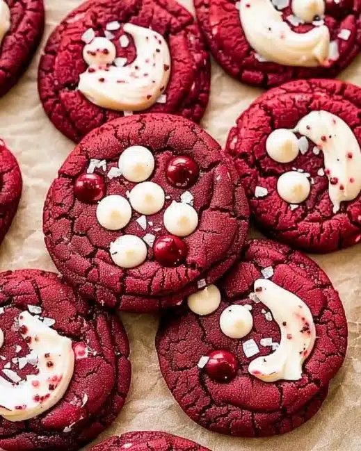Freshly baked Red Velvet Cookies with cream cheese frosting