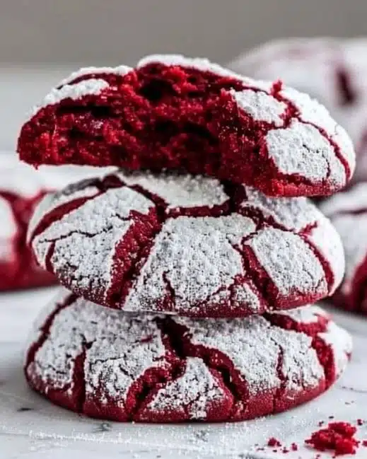 Plate of Red Velvet Crinkle Cookies with powdered sugar on top