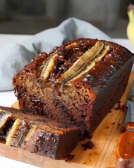 Freshly baked rich chocolate banana bread with chocolate chips