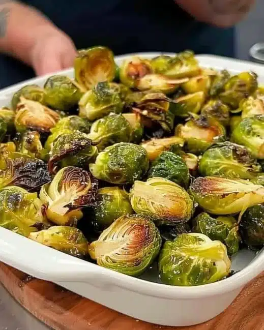 Plate of roasted Brussels sprouts with zesty dressing