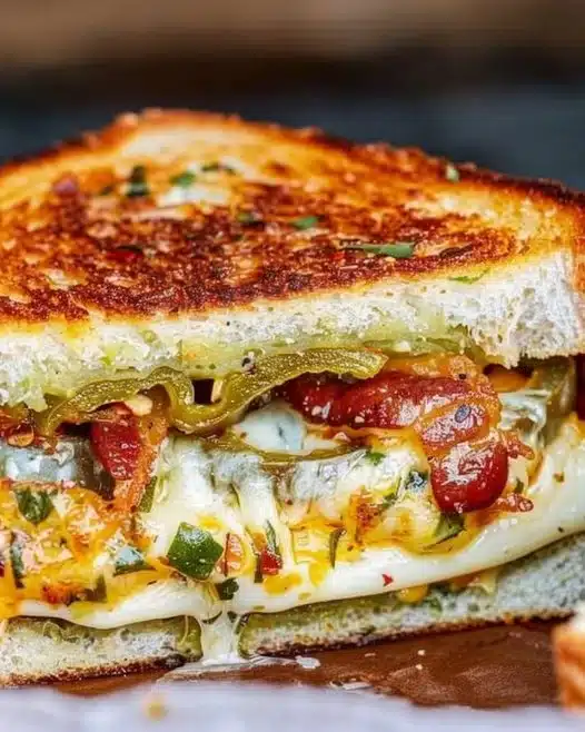 Roasted jalapeño popper grilled cheese sandwich with melted cheese and jalapeños