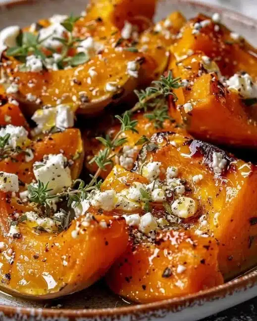 Roasted pumpkin topped with feta cheese and drizzled with honey dish