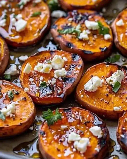 Roasted sweet potato rounds topped with feta and honey.