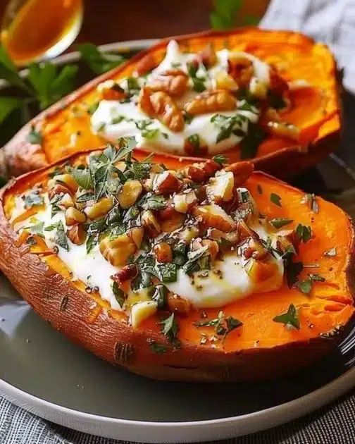 Delicious roasted sweet potato drizzled with yogurt and honey