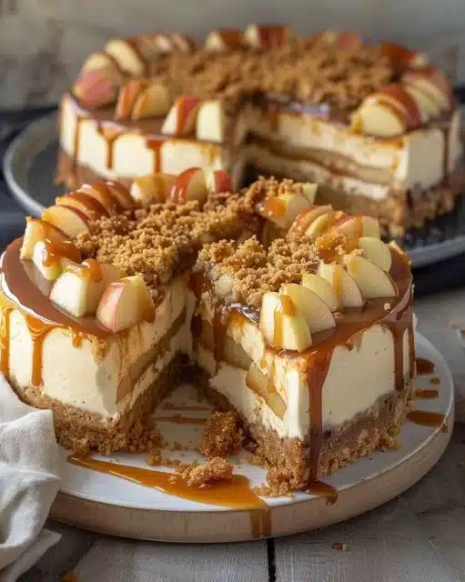 Slice of salted caramel apple pie cheesecake topped with caramel drizzle and apple slices