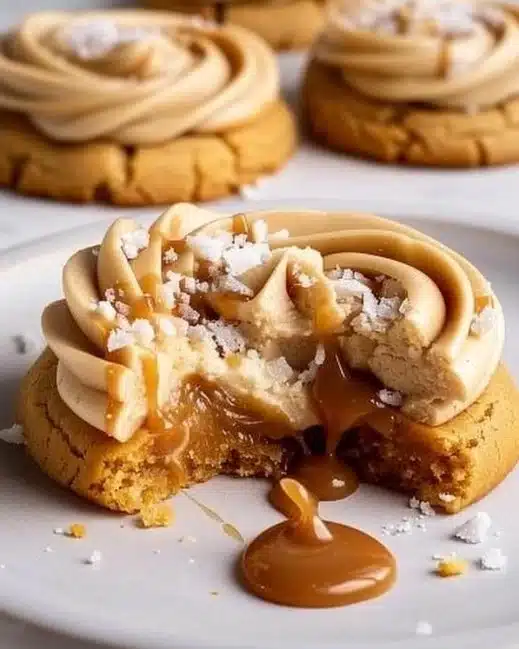 Delicious Salted Caramel Cheesecake Cookies with a drizzle of caramel