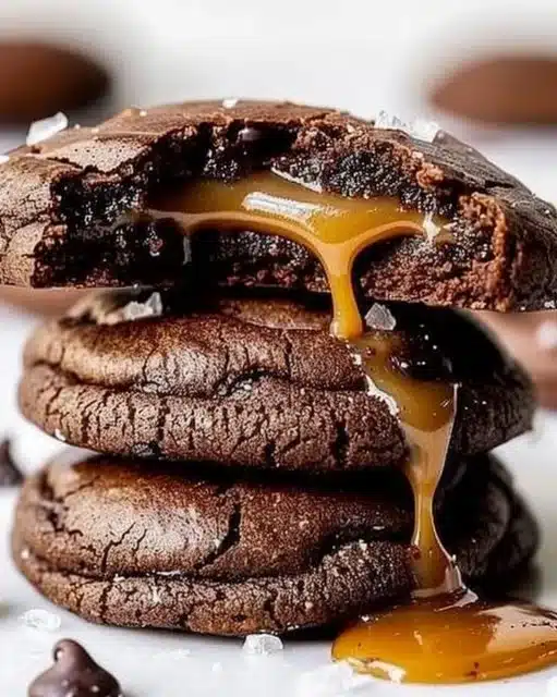 Delicious salted caramel chocolate cookies on a plate ready to enjoy.