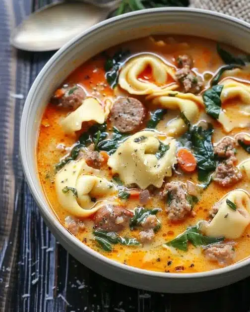 Bowl of Sausage Tortellini Soup with fresh spinach and herbs
