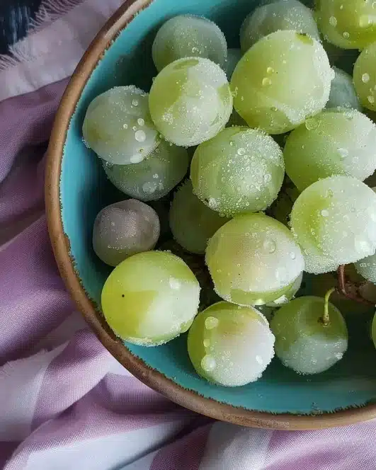 Bowl of frozen grapes, a refreshing and healthy snack option.