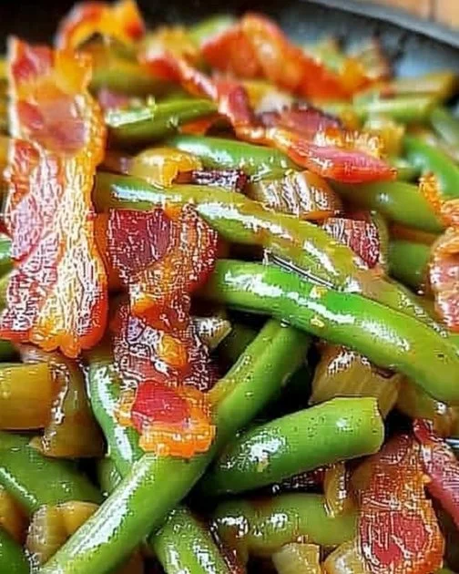 Southern green beans cooked with crispy bacon for a delicious side dish.