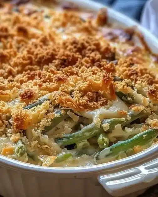Southern-style green bean casserole topped with crispy onions