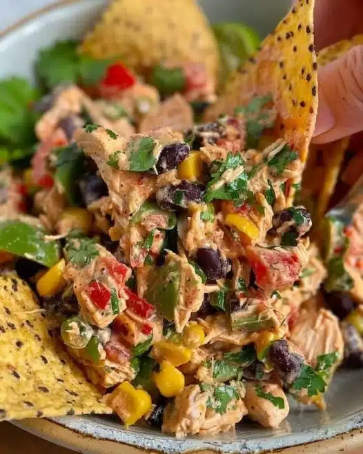 Bowl of Southwestern Chicken Salad with vibrant ingredients and toppings