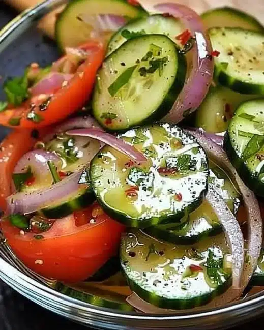Spiced cucumber salad with onions and tomatoes served in a bowl.