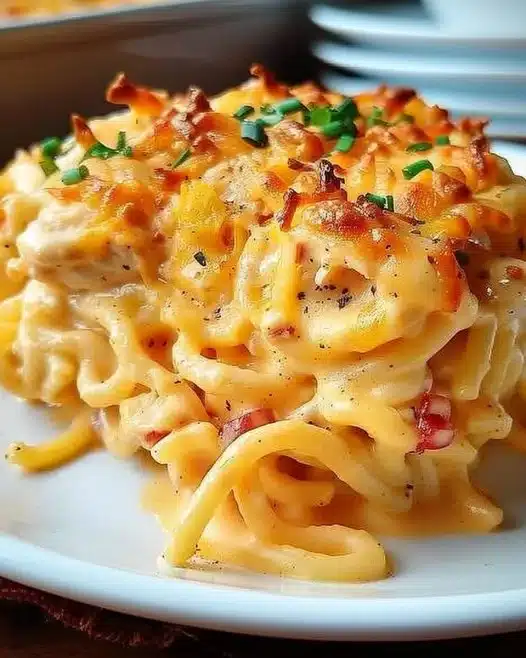Spicy Southern Cheesy Chicken Spaghetti Casserole served in a dish