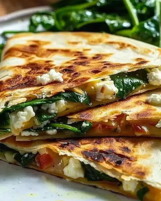 Delicious Spinach and Feta Quesadillas served on a plate with a side of salsa.