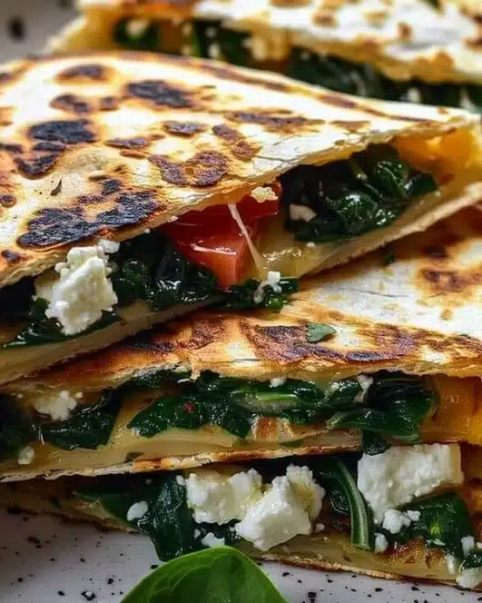 Spinach and feta quesadillas served on a plate with fresh ingredients