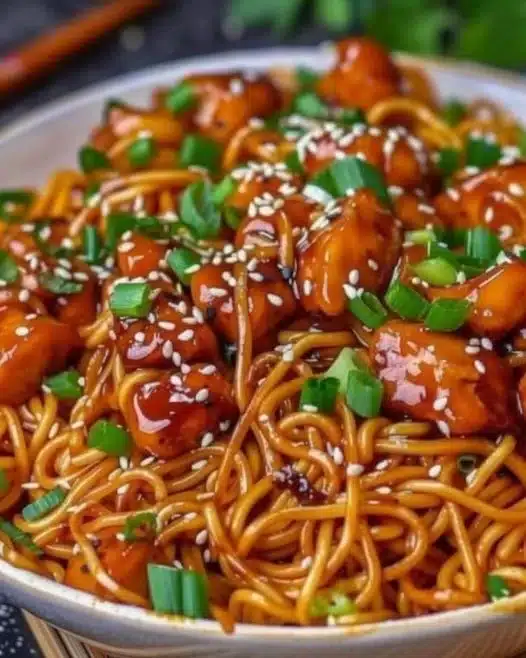 Delicious sticky garlic chicken noodles served in a bowl with fresh herbs.