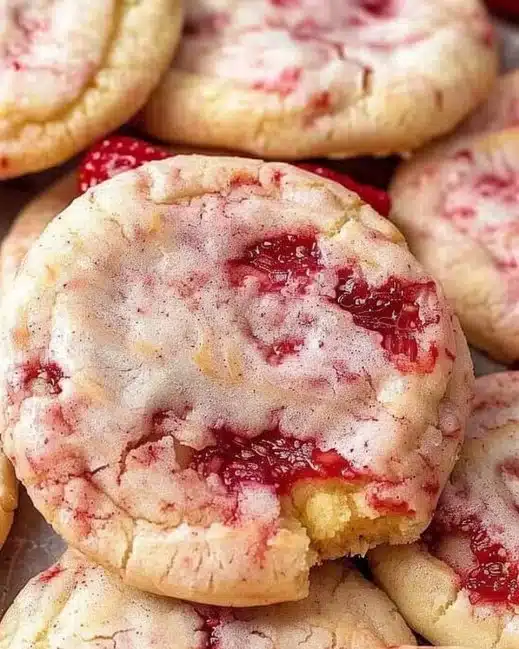 Freshly baked strawberry cheesecake cookies with cream cheese frosting