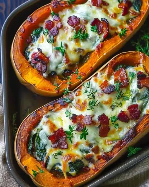 Stuffed butternut squash with spinach, bacon, and cheese on a plate