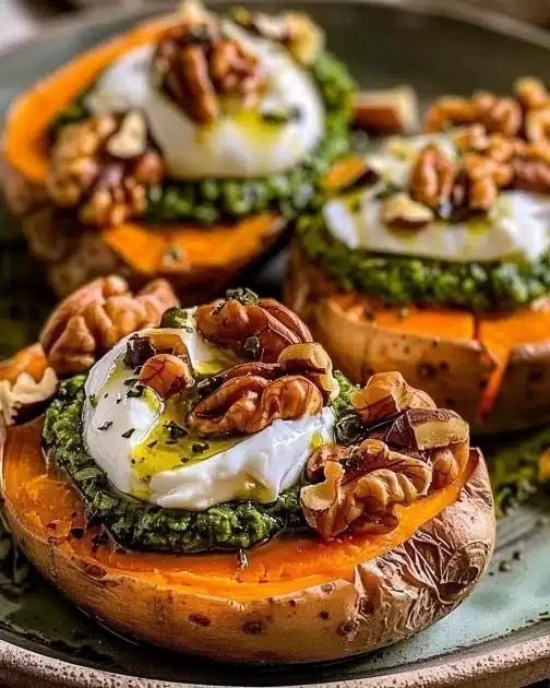 Stuffed sweet potatoes with burrata, walnuts, and sage pesto on a plate.