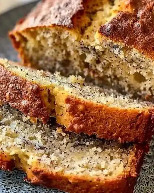 Deliciously moist banana bread freshly baked with ripe bananas and walnuts.