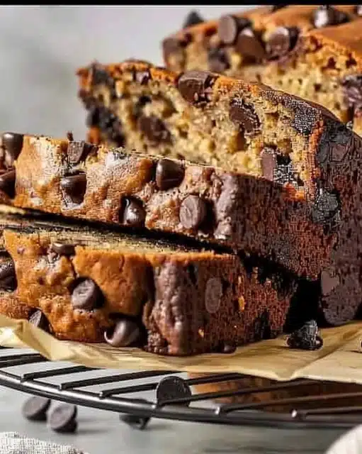 Super moist chocolate chip banana bread with chocolate chunks and ripe bananas