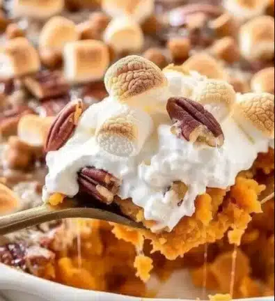Delicious sweet potato casserole topped with marshmallows and pecans