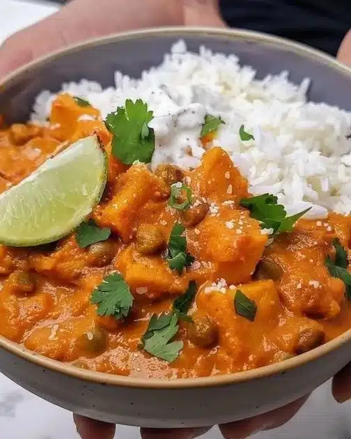 Delicious bowl of sweet potato curry with vibrant spices and herbs