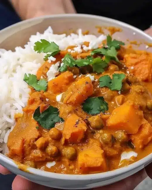 Delicious sweet potato curry served in a bowl with spices and herbs