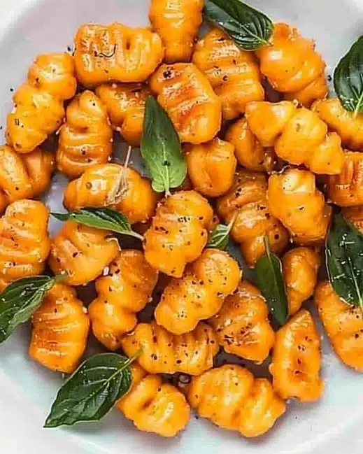 Plate of delicious sweet potato gnocchi topped with herbs and parmesan cheese.