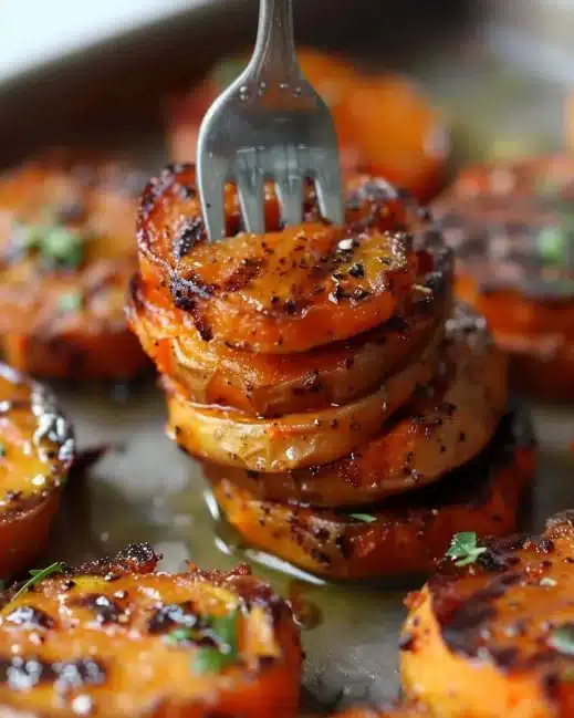 Layered sweet potato stacks served on a white plate