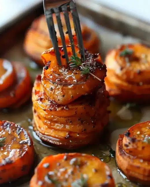 Colorful sweet potato stacks arranged beautifully on a serving plate.
