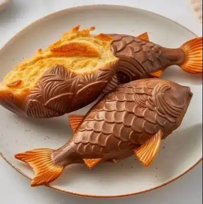 Fresh Taiyaki pastries filled with sweet red bean filling, a popular Japanese dessert