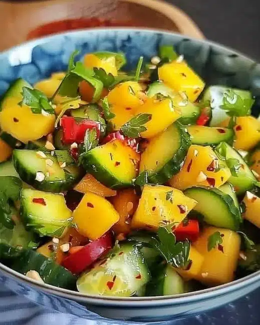 Thai mango cucumber salad with vibrant ingredients and fresh herbs