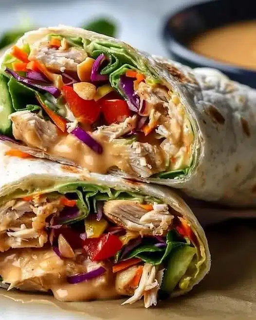 Delicious Thai Peanut Chicken Wraps with fresh vegetables and a savory sauce.