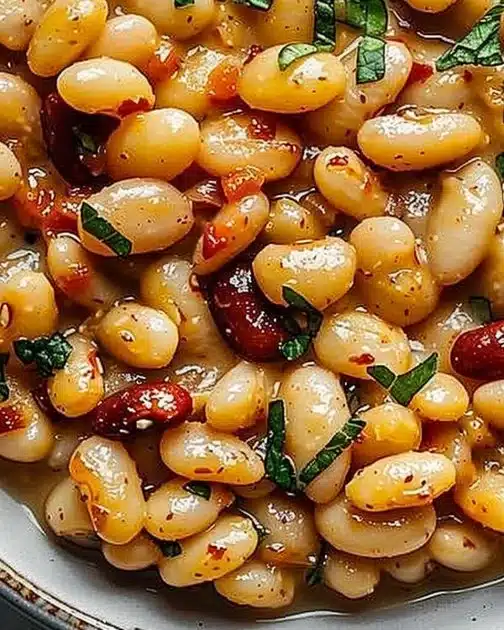 Plate of Tuscan Marry Me Butter Beans garnished with herbs