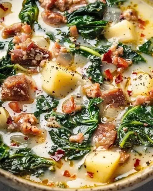 Bowl of delicious Tuscany Soup with fresh herbs and vegetables