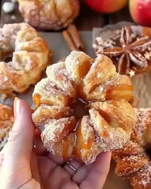 Vegan caramel apple puff pastry doughnuts on a plate