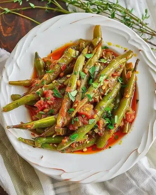 Vegan Greek Green Beans dish with fresh herbs and spices
