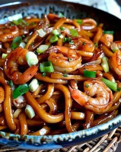 Delicious Yaki Udon with Shrimp served in a bowl