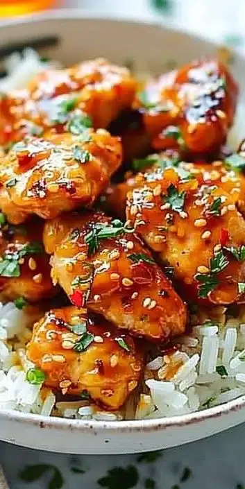Delicious honey garlic chicken served on a plate with garnish and sides