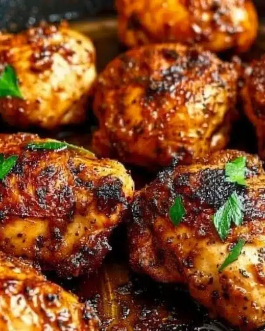 Oven baked boneless skinless chicken thighs served on a plate