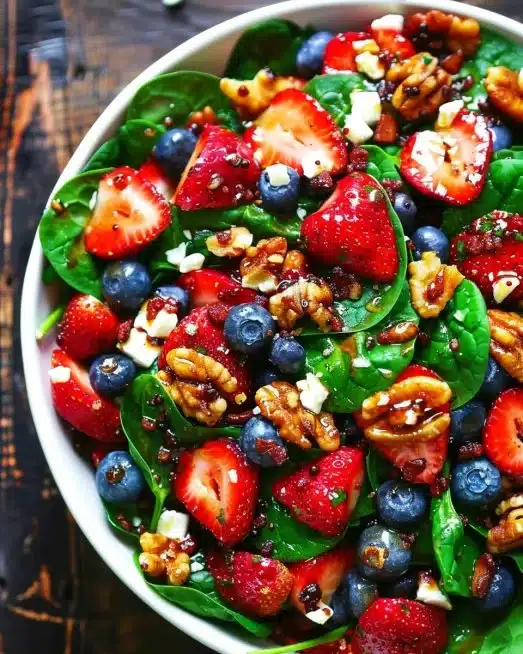 Fresh strawberry spinach salad with vibrant colors and textures