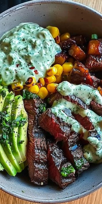 Steak, Avocado & Roasted Corn Bowl with Cilantro Cream Sauce
