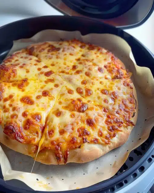 Air-fried cheese pizza with a crispy crust and melted cheese topping