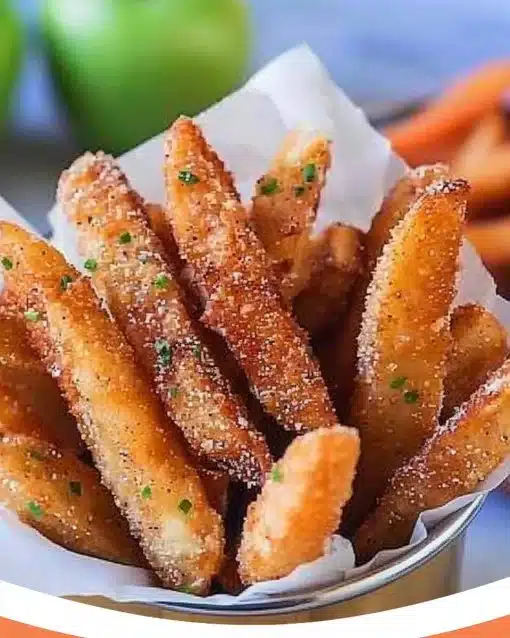 Crispy air fryer apple fries served on a plate with cinnamon dip