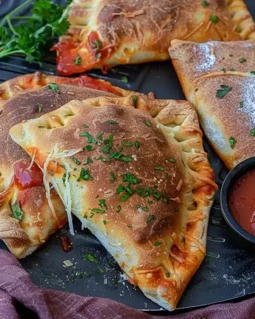 Homemade air fryer calzones filled with cheese and pepperoni.